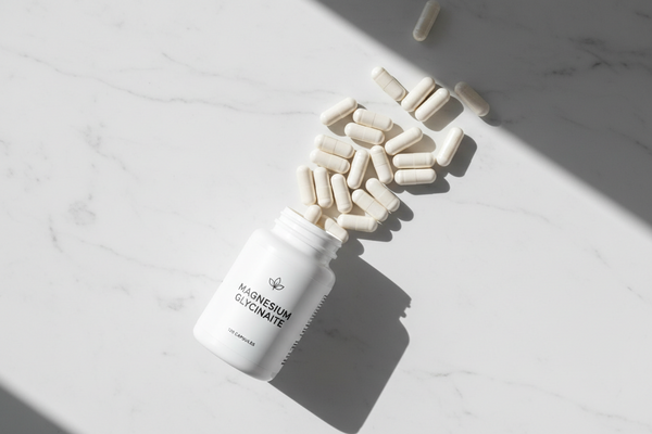 Magnesium glycinate capsules spilling from white bottle on marble surface — magnesium glycinate supplement guide