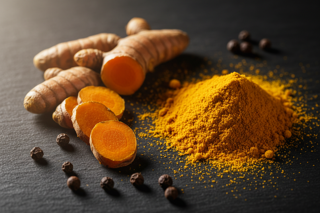 Turmeric root and golden powder with black peppercorns on dark slate — turmeric curcumin bioavailability guide