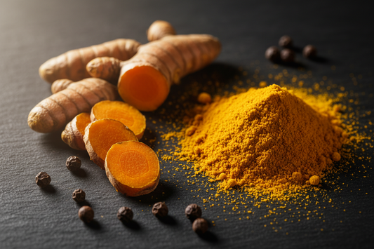 Turmeric root and golden powder with black peppercorns on dark slate — turmeric curcumin bioavailability guide