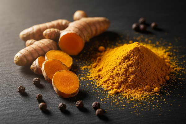 Turmeric root and golden powder with black peppercorns on dark slate — turmeric curcumin bioavailability guide