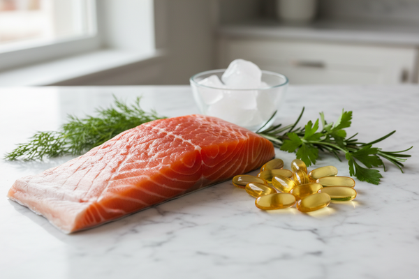 Wild salmon fillet and omega-3 fish oil capsules on white marble — omega-3 EPA and DHA supplement guide