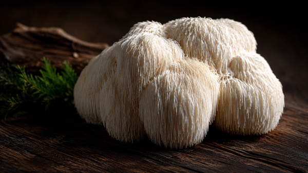Fresh Lion's Mane mushroom (Hericium erinaceus) on dark wood surface — Lion's Mane supplement guide
