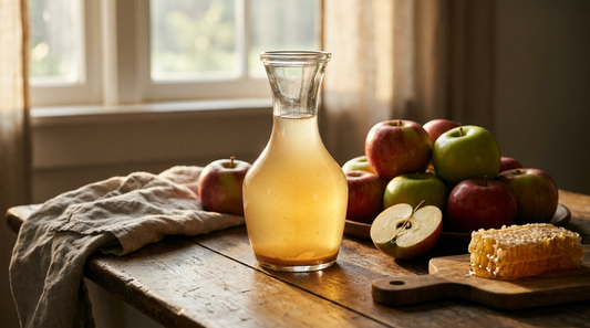 Glass carafe of cloudy raw apple cider vinegar with fresh apples and honeycomb backlit by golden window light