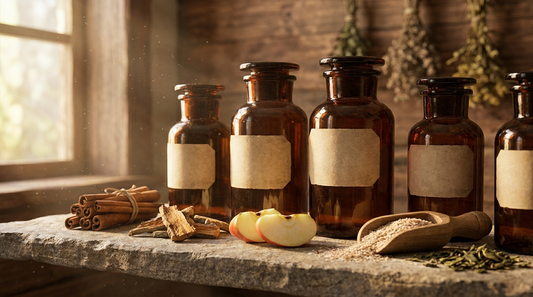 Row of amber glass apothecary supplement bottles beside cinnamon, apples, psyllium and green tea ingredients