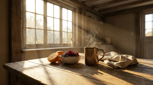 First light across a rustic table with coffee, grapes and citrus at dawn, representing restored natural energy after fatigue