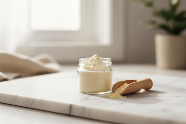 Colostrum powder in glass jar with wooden scoop on white marble — bovine colostrum supplement guide