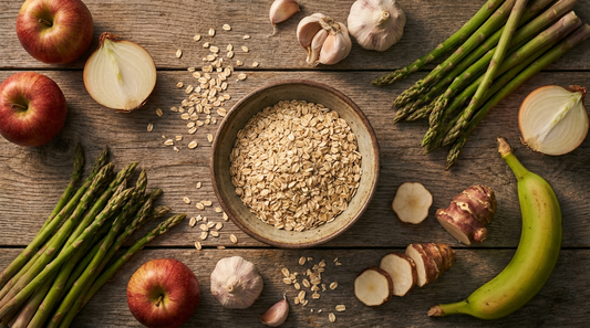 Overhead flat lay of fermentable fiber foods including oats, apples, onions, garlic, asparagus and Jerusalem artichoke on weathered oak