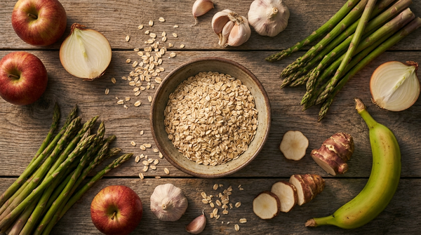 Overhead flat lay of fermentable fiber foods including oats, apples, onions, garlic, asparagus and Jerusalem artichoke on weathered oak