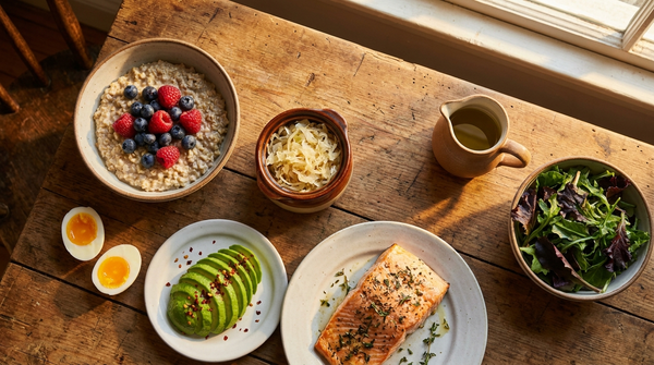 Ancestral whole-food breakfast of oats, eggs, avocado, salmon and greens that naturally supports GLP-1 satiety hormones