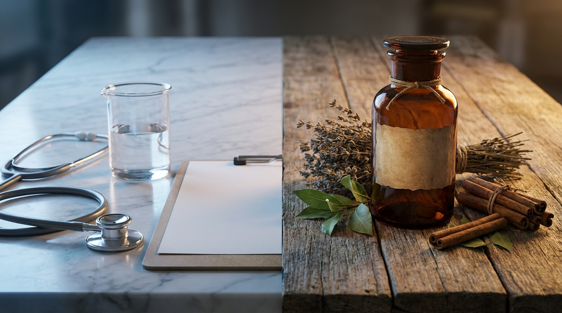 Split still life contrasting a clinical setting with stethoscope and beaker against natural botanicals and an amber supplement bottle