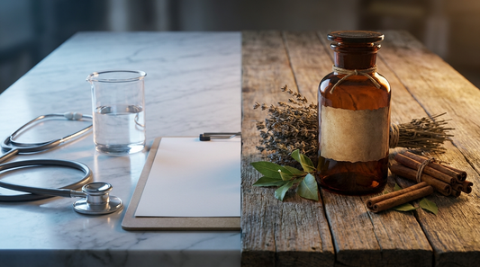 Split still life contrasting a clinical setting with stethoscope and beaker against natural botanicals and an amber supplement bottle