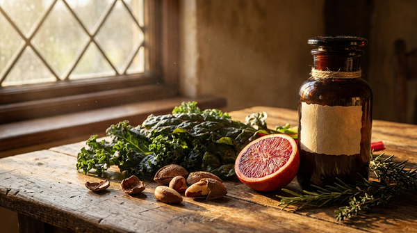 Rustic wooden table with fresh whole foods and a dark amber apothecary-style supplement bottle in warm golden light