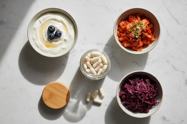 Probiotic capsules and fermented foods on white marble — probiotics for gut and oral health guide
