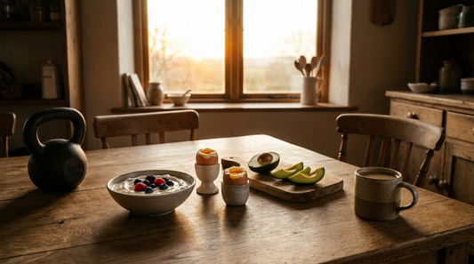 Protein-forward breakfast of Greek yogurt, eggs and avocado beside a kettlebell at sunrise, representing muscle preservation during weight loss