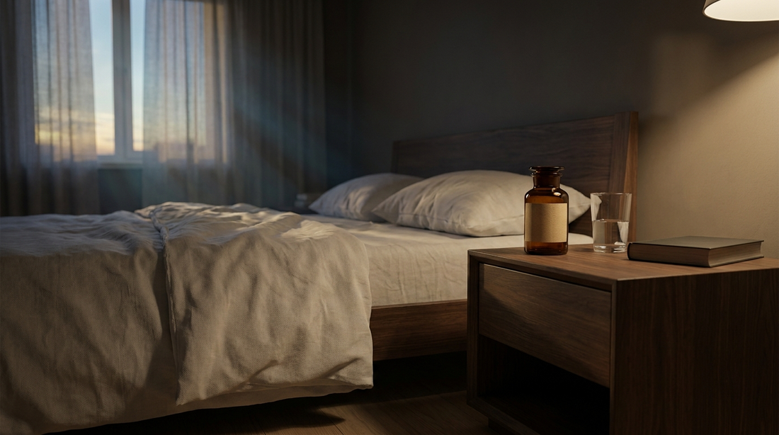Serene bedroom at dusk with linen bedding and an amber apothecary bottle on the nightstand, representing a nightly sleep wind-down routine