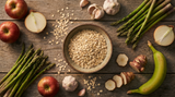 Fermentable fiber whole foods including oats, apples, onions, garlic and asparagus, representing prebiotic fiber supplements