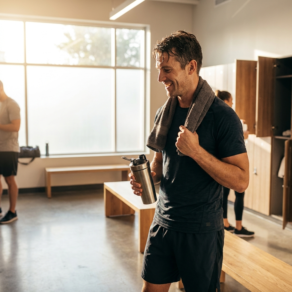 Athletic person with a protein shaker bottle in a bright gym, representing the Protein Collection