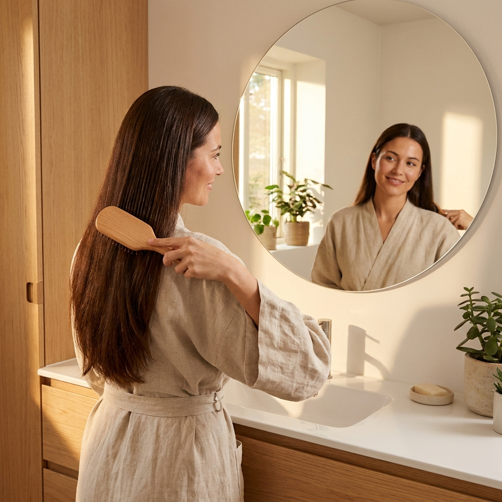 Woman brushing healthy shiny hair in a bathroom, representing the Haircare Collection