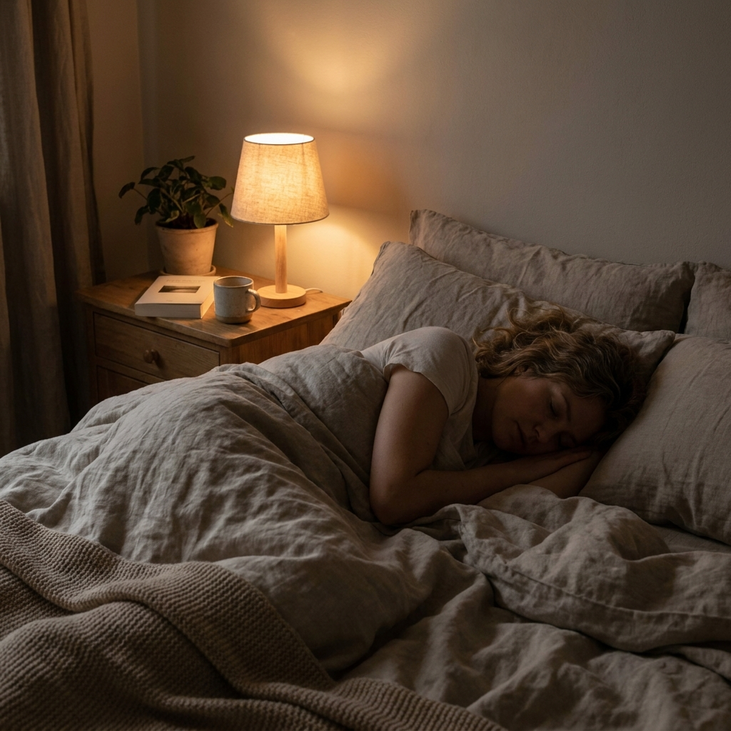 Peaceful person sleeping in a cozy bedroom, representing the Sleep & Recovery Collection