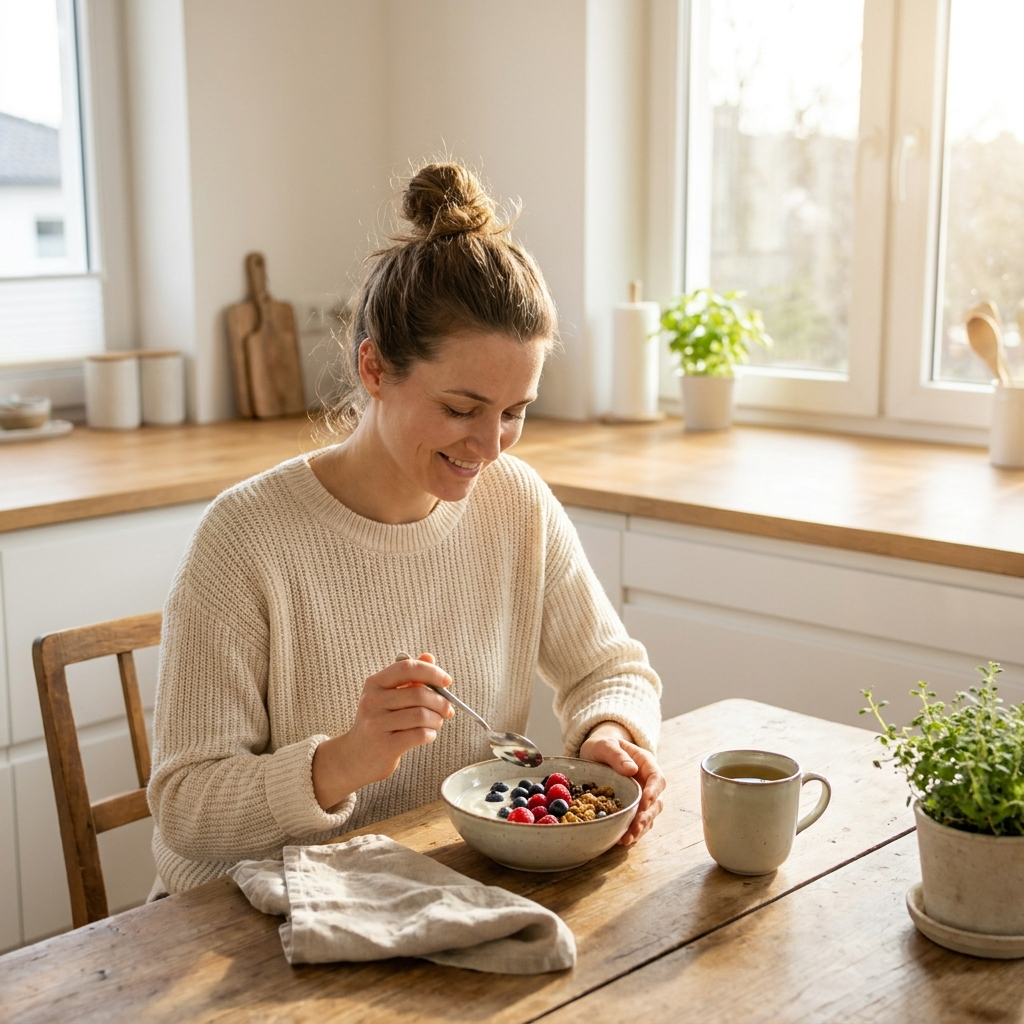Person enjoying a fresh healthy breakfast at a kitchen table, representing the Gut & Digestive Support Collection