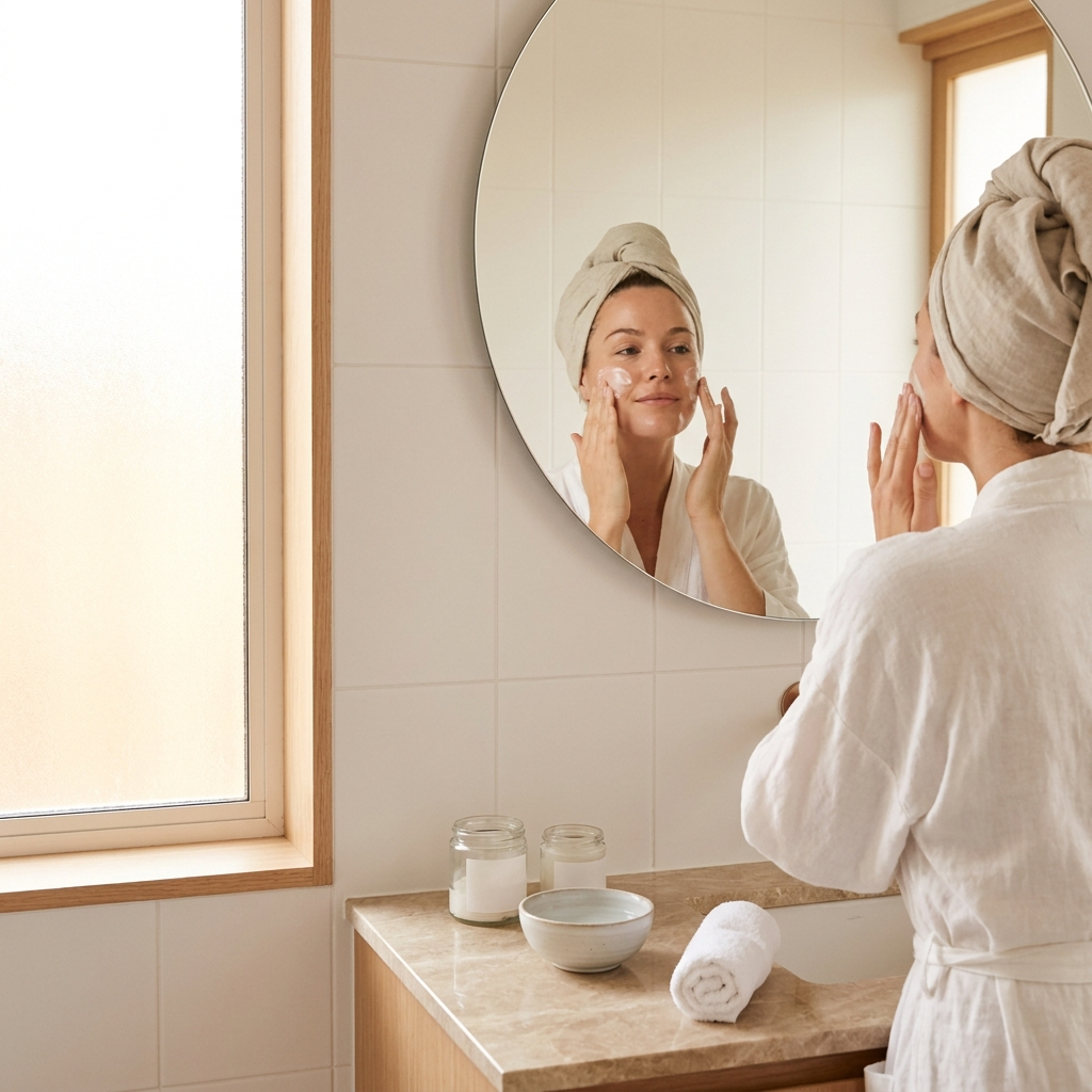 Woman applying facial cream in a bright bathroom, representing the Skincare Collection