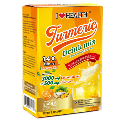 I Love Health Turmeric Drink Mix with 350mg CuminUP60® (3000mg Curcuminoids), 500mg Vitamin C, 100mg Blood Orange & Elderberry Powder | 14X Bioavailability, Immune Support, Anti-Inflammatory, Antioxidant | 15 Packets, Sugar-Free, Gluten-Free, Vegetarian