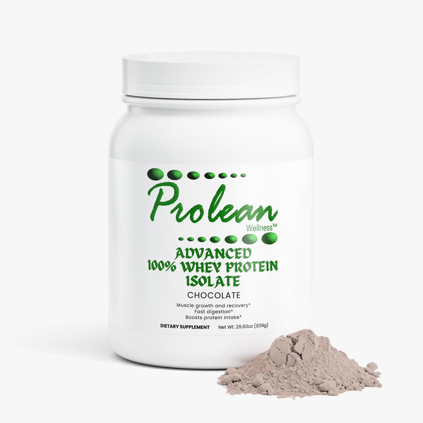 Prolean Whey Protein Isolate Chocolate - Front with Supplements