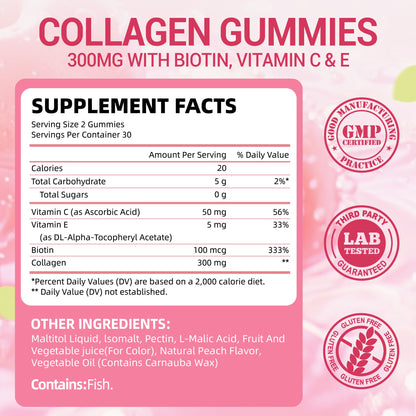 I Love Health® Collagen Gummies with Biotin, Vitamin C & E – 300mg Collagen + 100mcg Biotin per Serving – Supports Hair, Skin & Nails – 60 Gummies (Fish-Derived) – Made in cGMP Facility, 3rd Party Tested