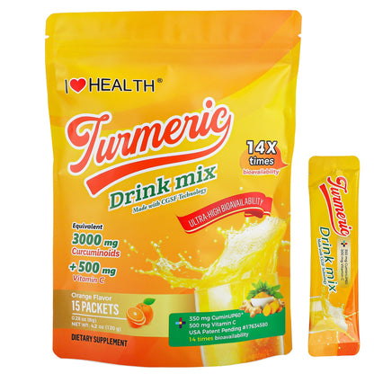 I Love Health Turmeric Drink Mix with 350mg CuminUP60® (3000mg Curcuminoids), 500mg Vitamin C, 100mg Blood Orange & Elderberry Powder | 14X Bioavailability, Immune Support, Anti-Inflammatory, Antioxidant | 15 Packets, Sugar-Free, Gluten-Free, Vegetarian