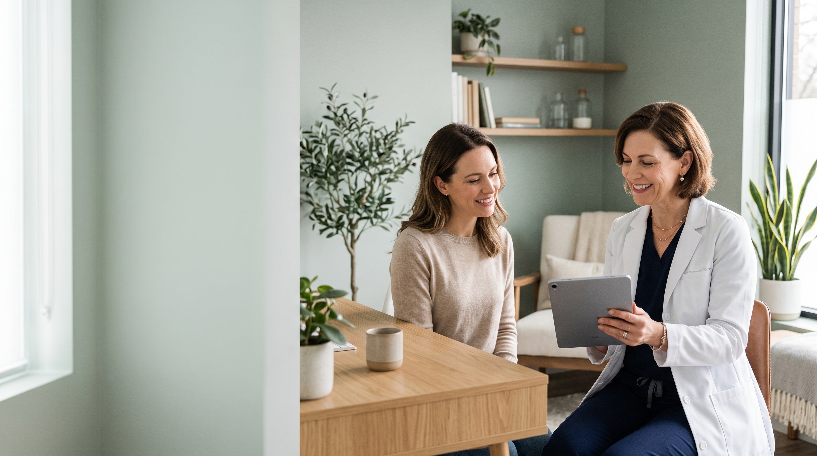 Physician consulting with a patient in a calm, sage-green wellness clinic setting